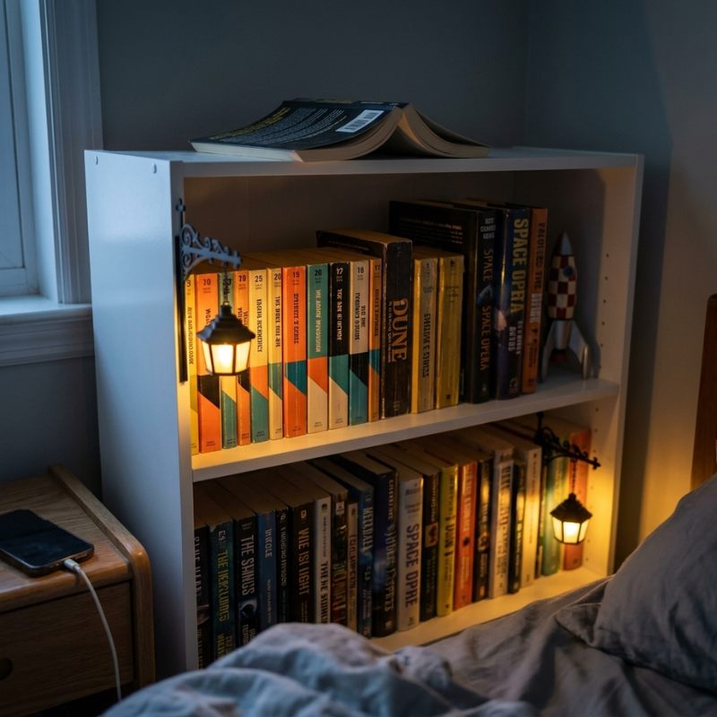 A sci-fi collection shelf lit by a warm Halloway lantern